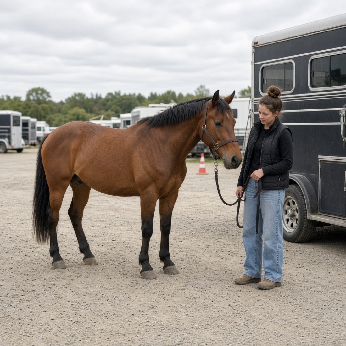 Calm horse standing quietly at the trailer