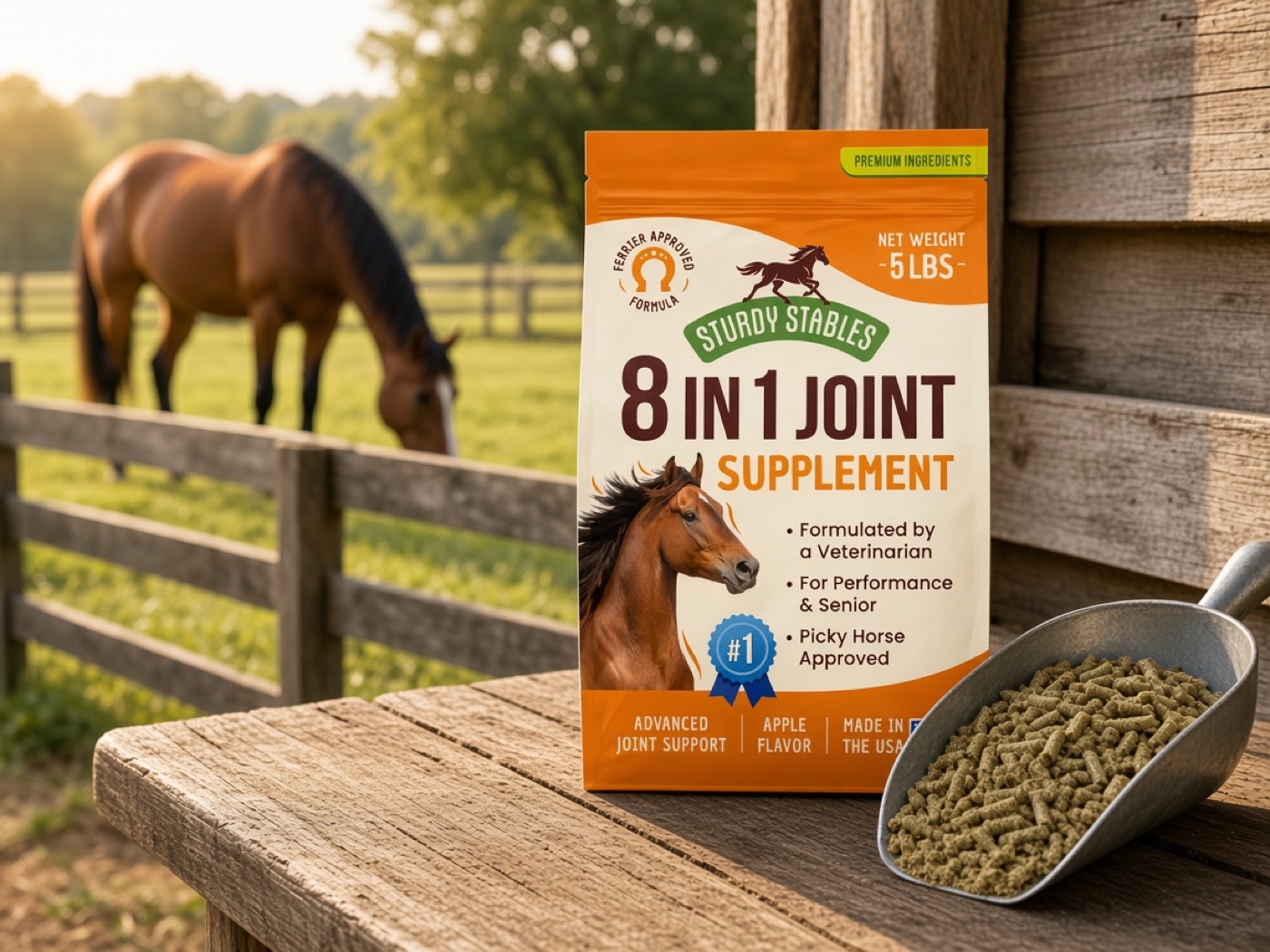 Sturdy Stables joint supplement with a scoop of pellets and a grazing horse behind