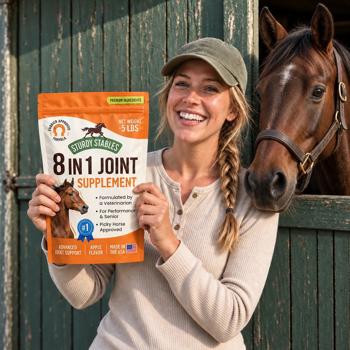 A young rider at the barn door holding up a bag of Sturdy Stables 8 in 1 Joint Supplement, her chestnut horse behind her