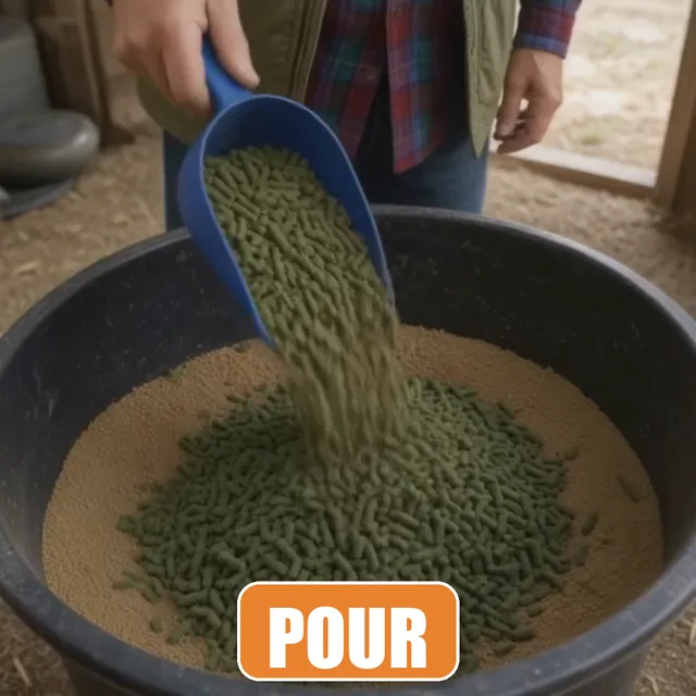 Pouring the scoop over the feed in the tub